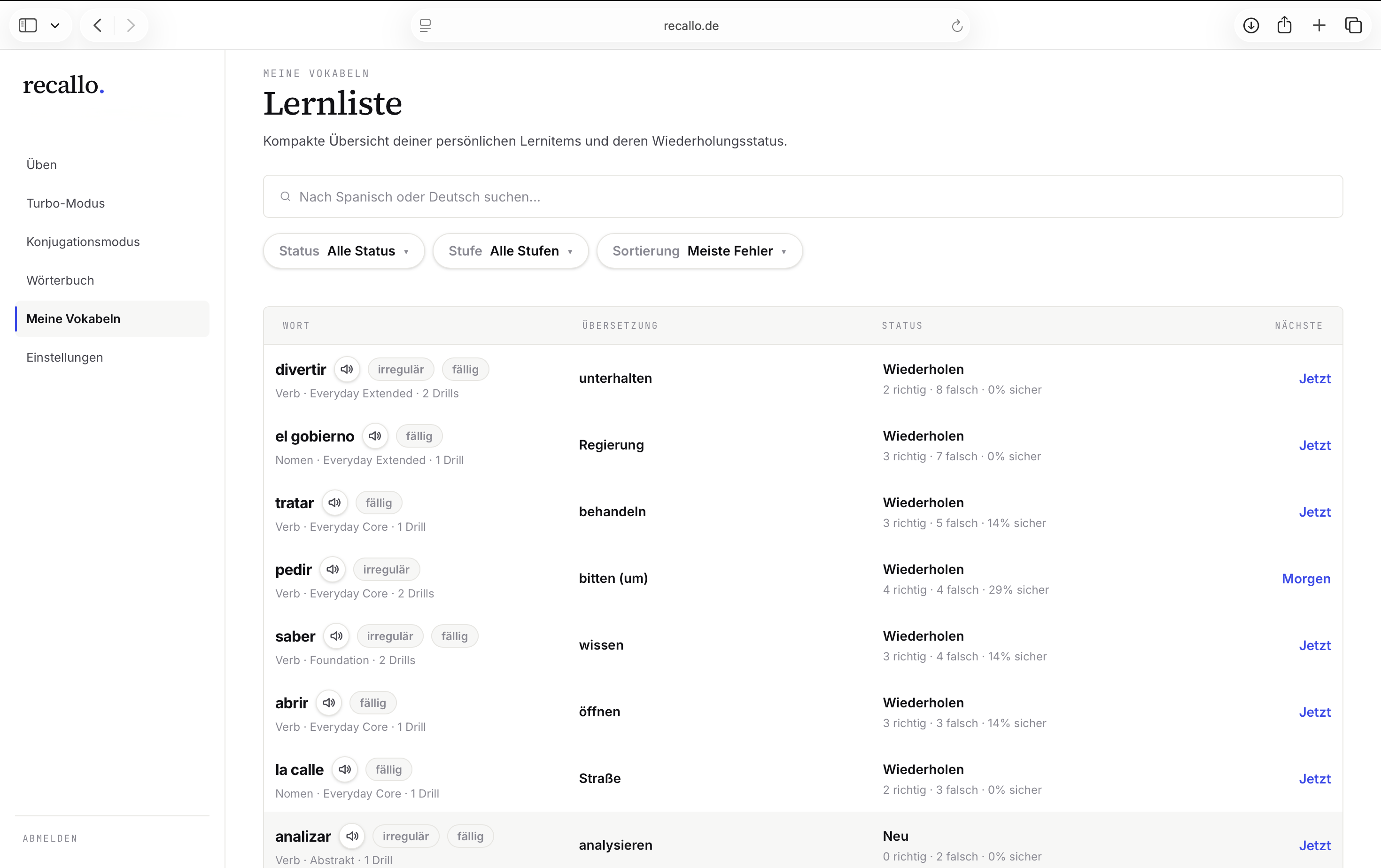 Recallo im Desktop-Browser — Lernliste mit Filter, Sortierung und Status.