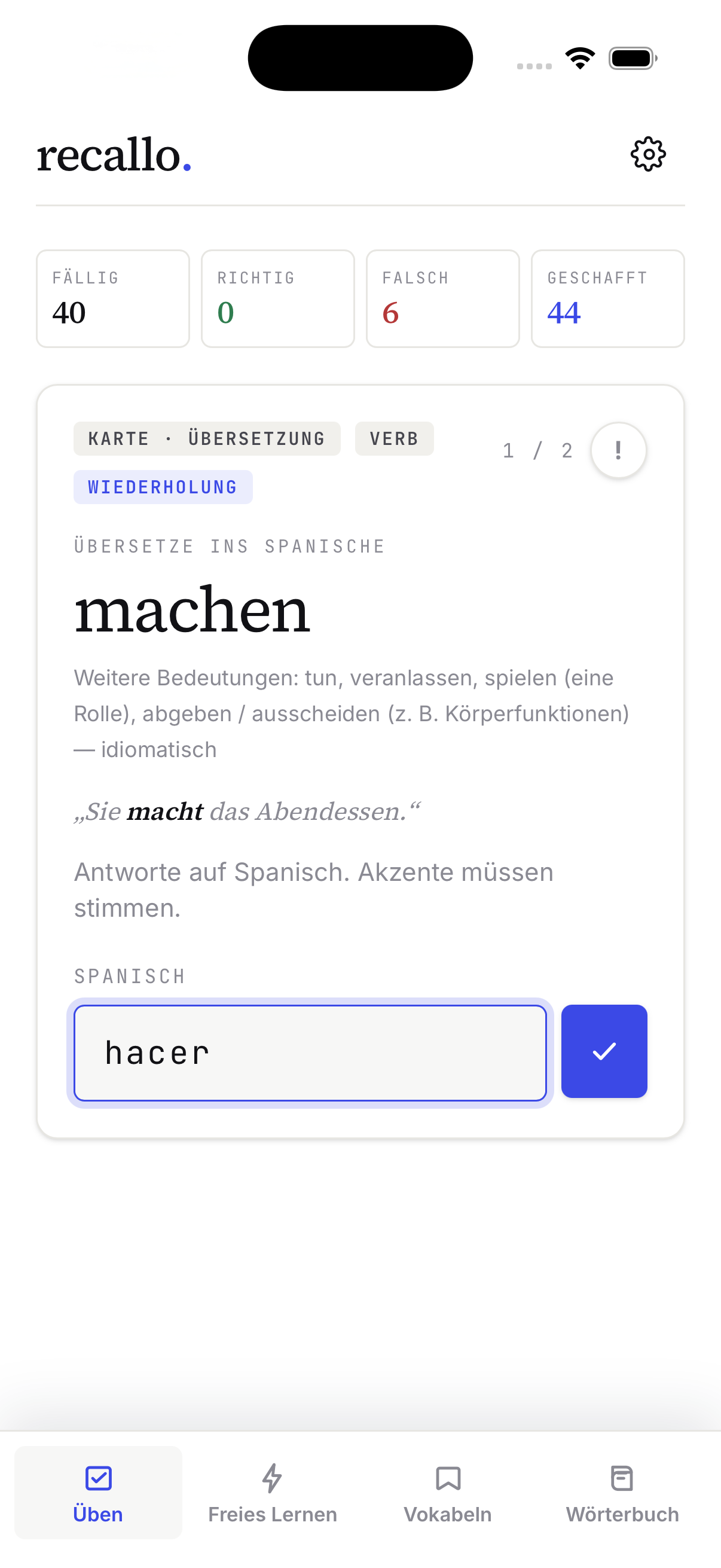 Tagespaket mit fälligen Vokabeln und aktivem Drill.