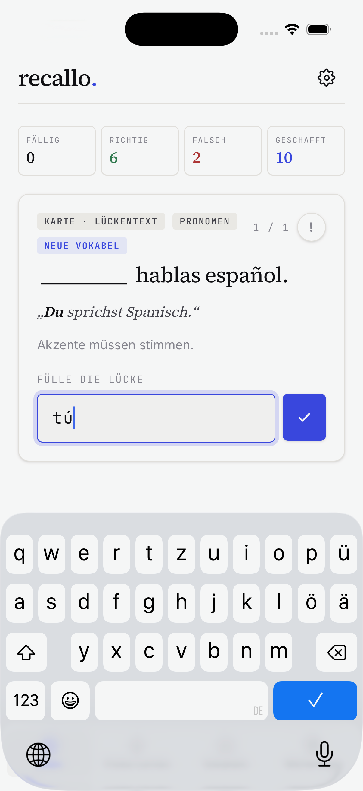 Recallo Drill-Karte: Du siehst Deutsch und tippst die spanische Antwort.