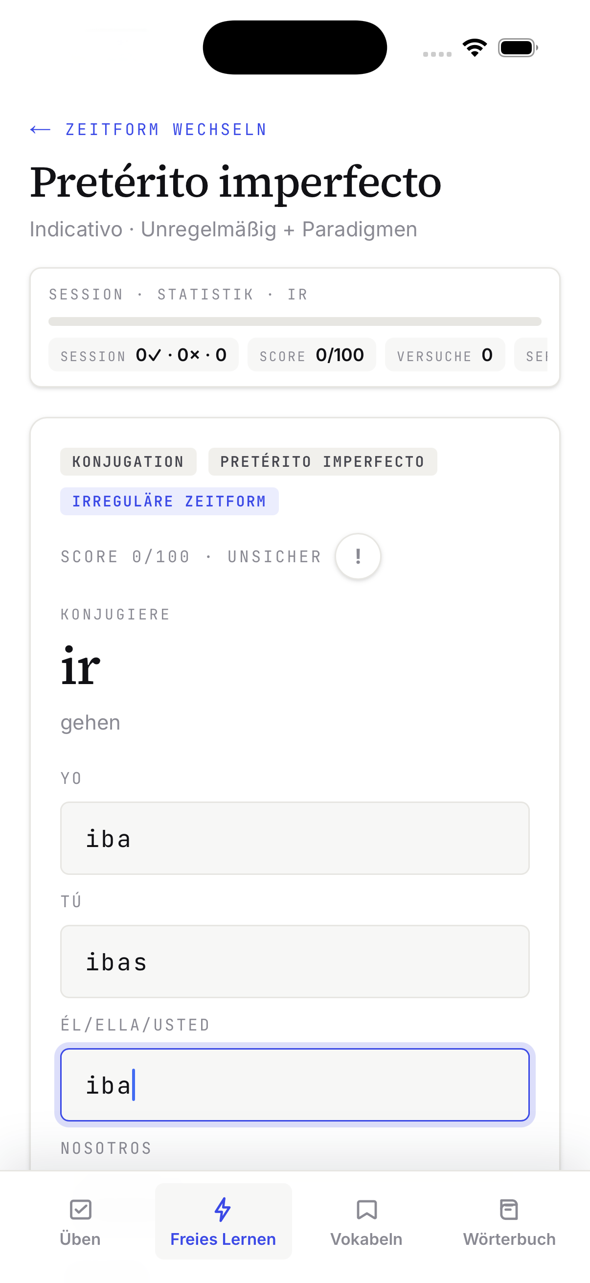 Konjugations-Modus: Auswahl einer Zeitform und laufender Drill.