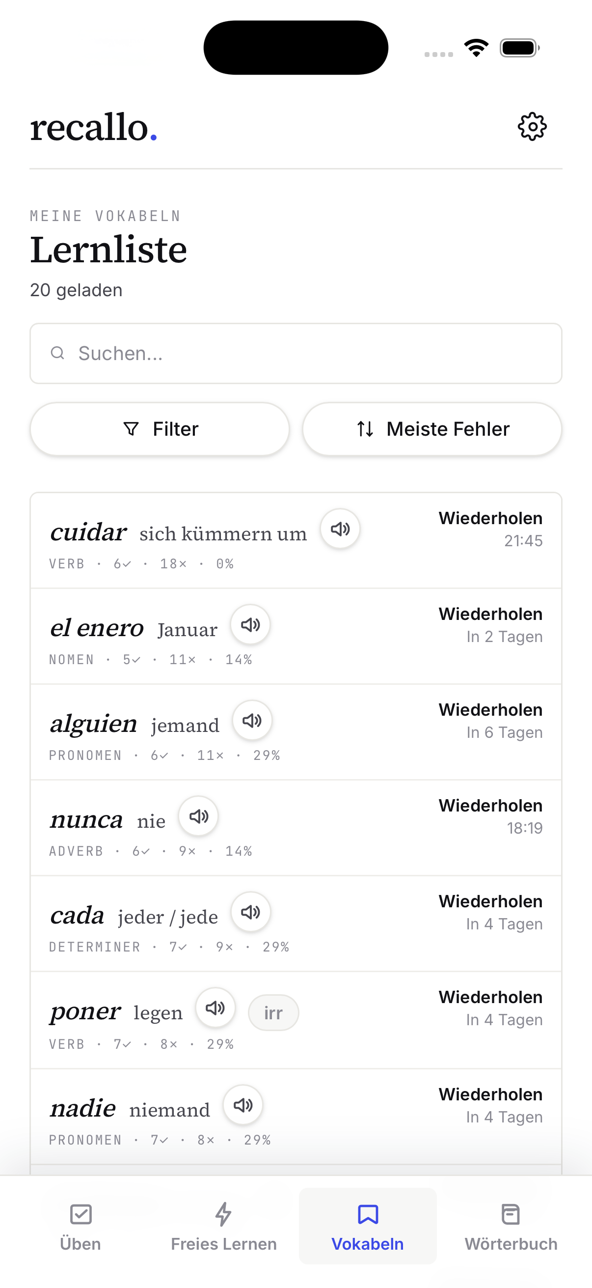 Persönliche Lernliste mit italic-Lemmas und Status-Tags.