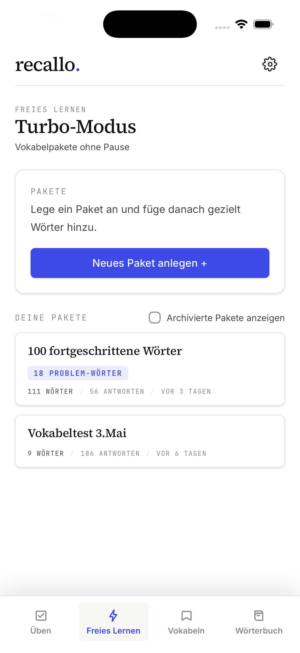 Turbo-Paket-Übersicht mit Wortliste und Start-Button.